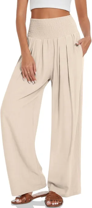 UEU Women's Linen Palazzo Pants Wide Leg High Waisted Lounge Casual Beach Pants with Pockets
