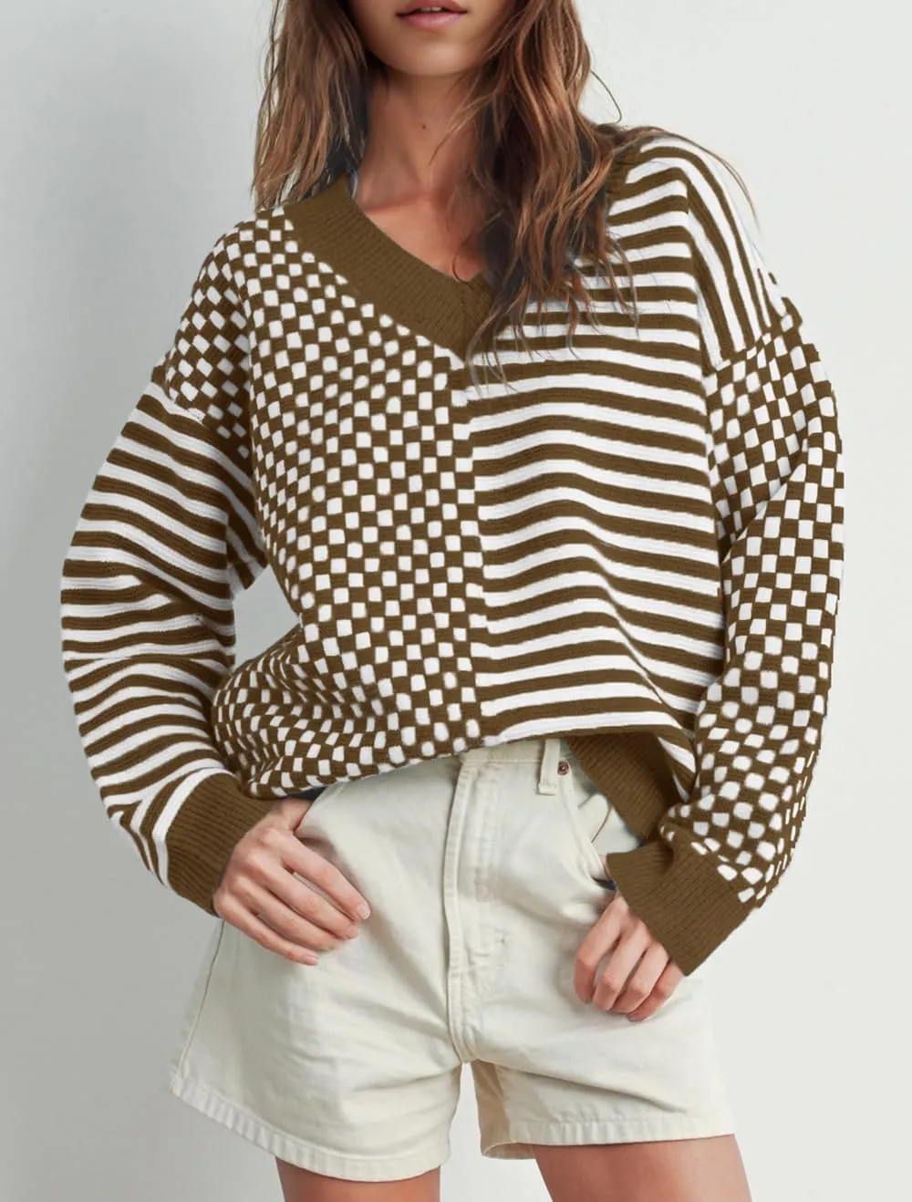 UNCLECAT Women's Striped Checkered Sweater 2024 V Neck Fall Sweaters Casual Knit Trendy Pullover Tops