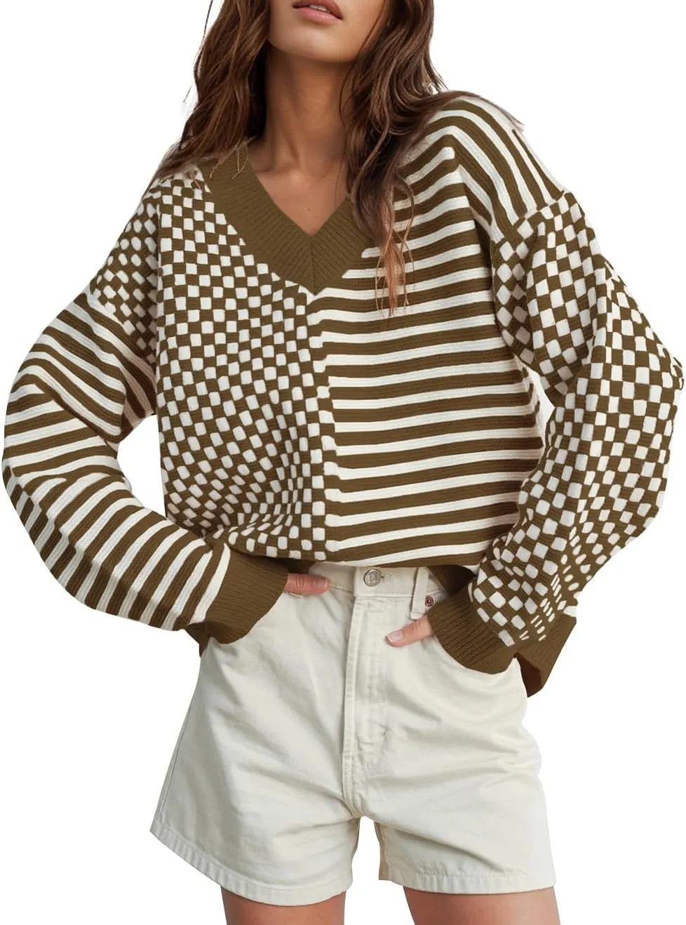 UNCLECAT Women's Striped Checkered Sweater 2024 V Neck Fall Sweaters Casual Knit Trendy Pullover Tops
