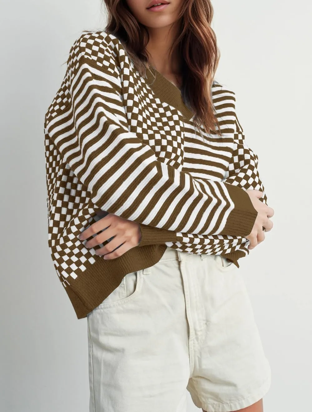 UNCLECAT Women's Striped Checkered Sweater 2024 V Neck Fall Sweaters Casual Knit Trendy Pullover Tops