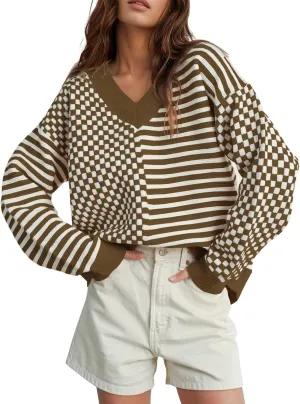 UNCLECAT Women's Striped Checkered Sweater 2024 V Neck Fall Sweaters Casual Knit Trendy Pullover Tops