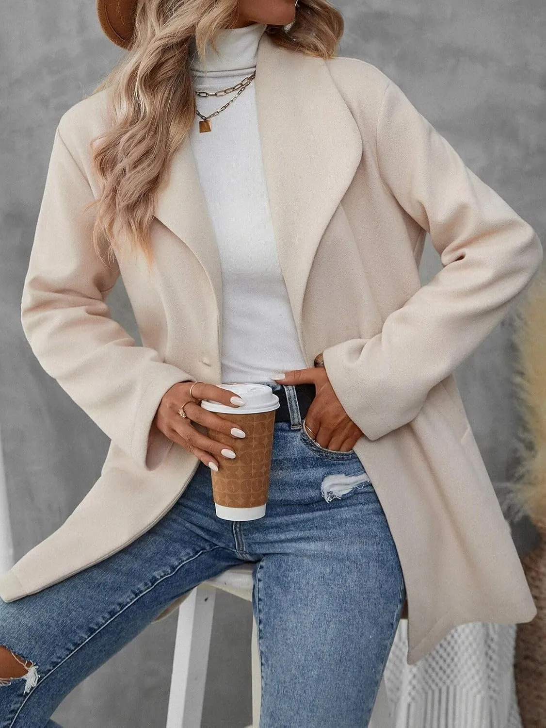 utcoco Womens Lapel Elegant Trench Coat Buttoned Work Blazer Fall Winter Jacket Outerwear