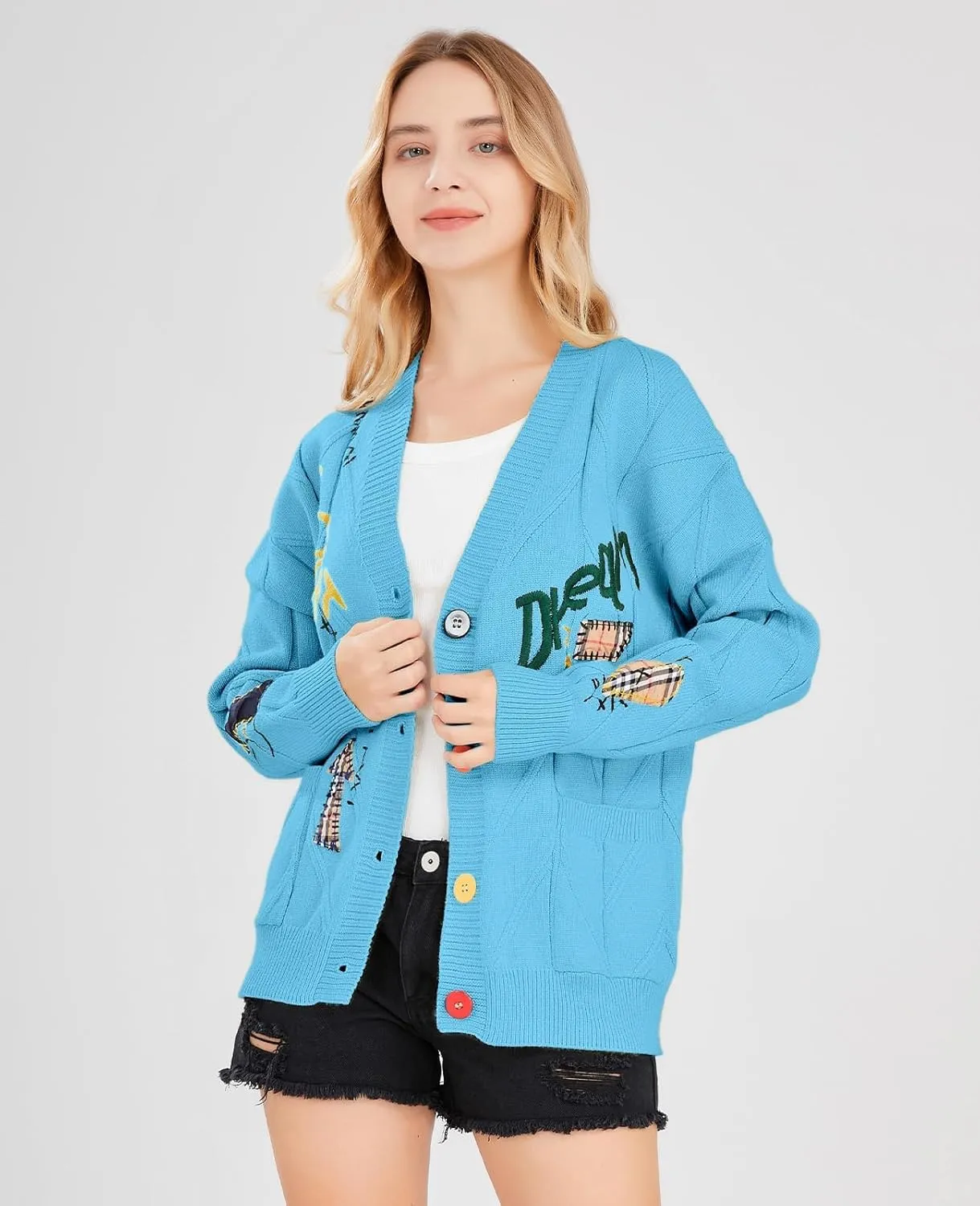 utcoco Womens Open Front Cardigan Cable Knit Long Sleeve Button Down Embroidery Cardigan Sweaters