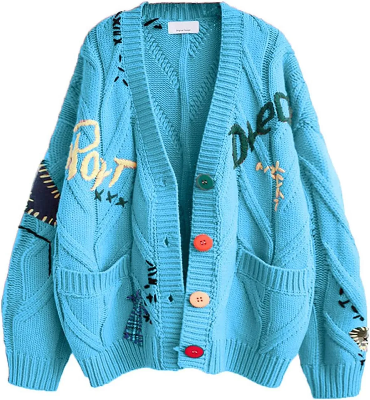 utcoco Womens Open Front Cardigan Cable Knit Long Sleeve Button Down Embroidery Cardigan Sweaters