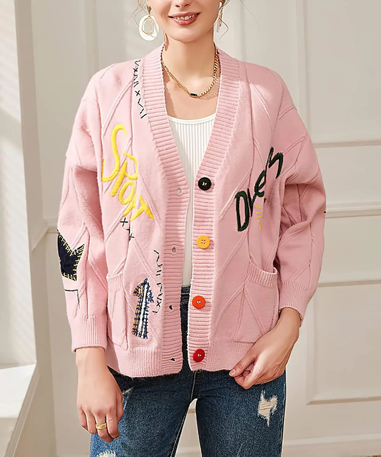 utcoco Womens Open Front Cardigan Cable Knit Long Sleeve Button Down Embroidery Cardigan Sweaters