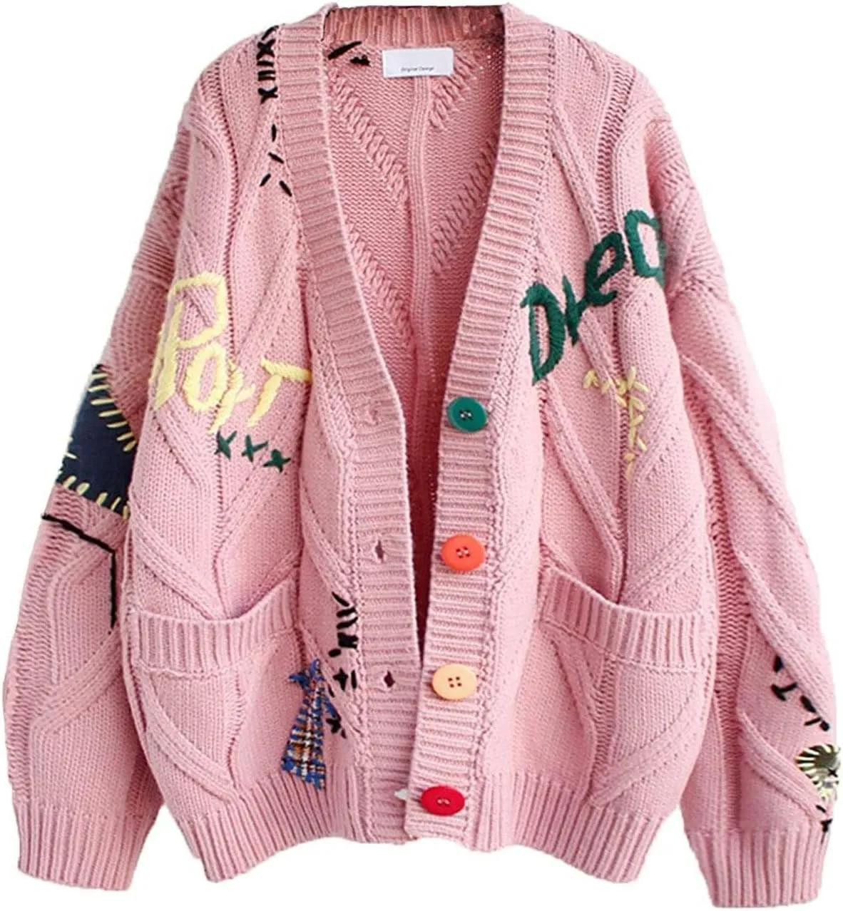 utcoco Womens Open Front Cardigan Cable Knit Long Sleeve Button Down Embroidery Cardigan Sweaters