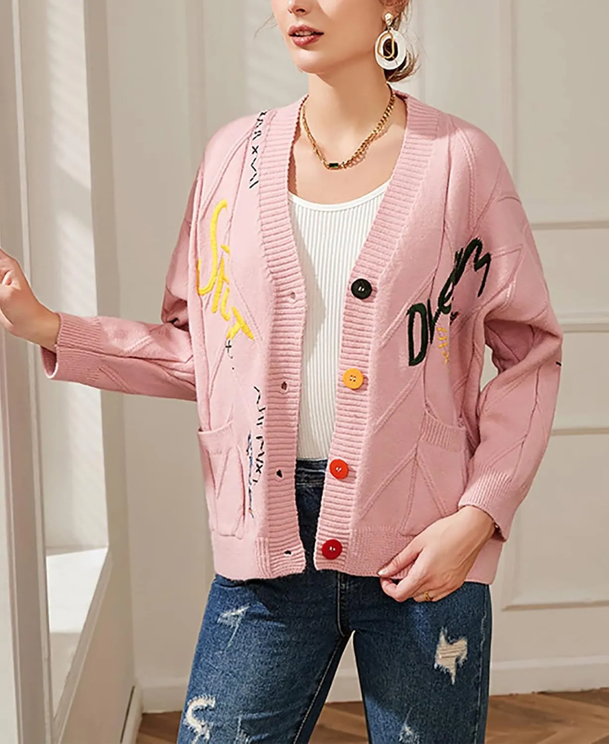 utcoco Womens Open Front Cardigan Cable Knit Long Sleeve Button Down Embroidery Cardigan Sweaters
