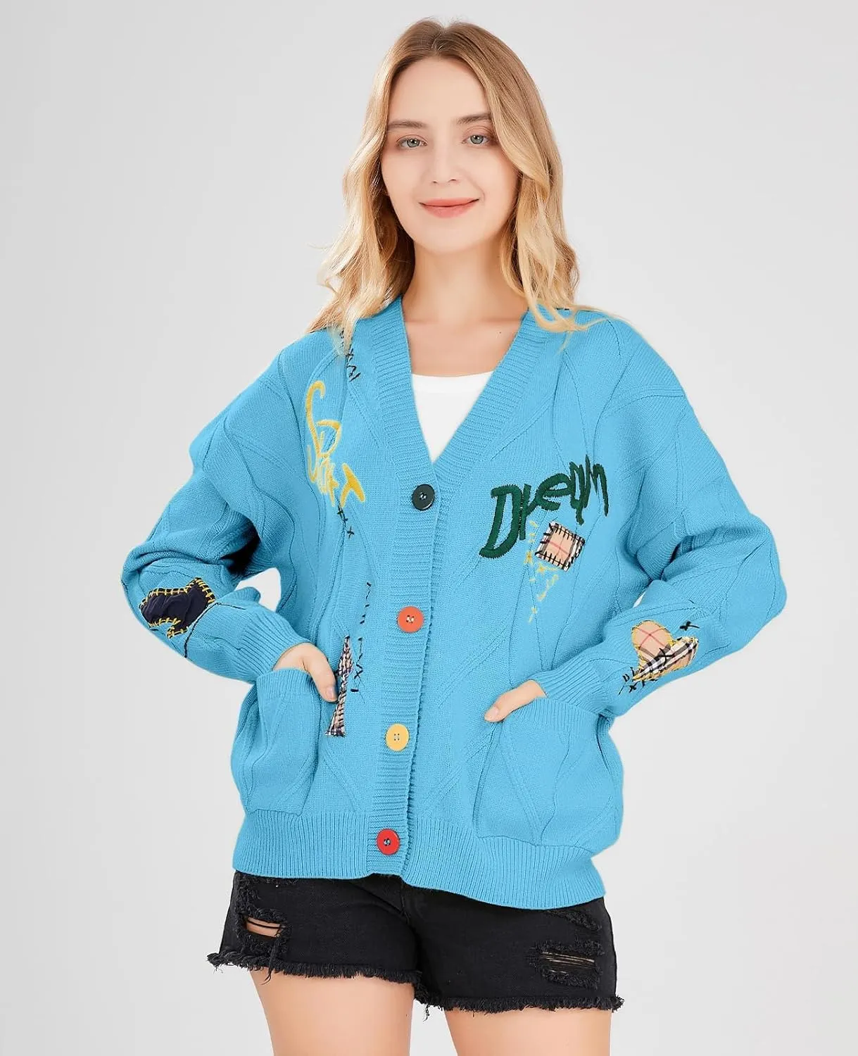 utcoco Womens Open Front Cardigan Cable Knit Long Sleeve Button Down Embroidery Cardigan Sweaters