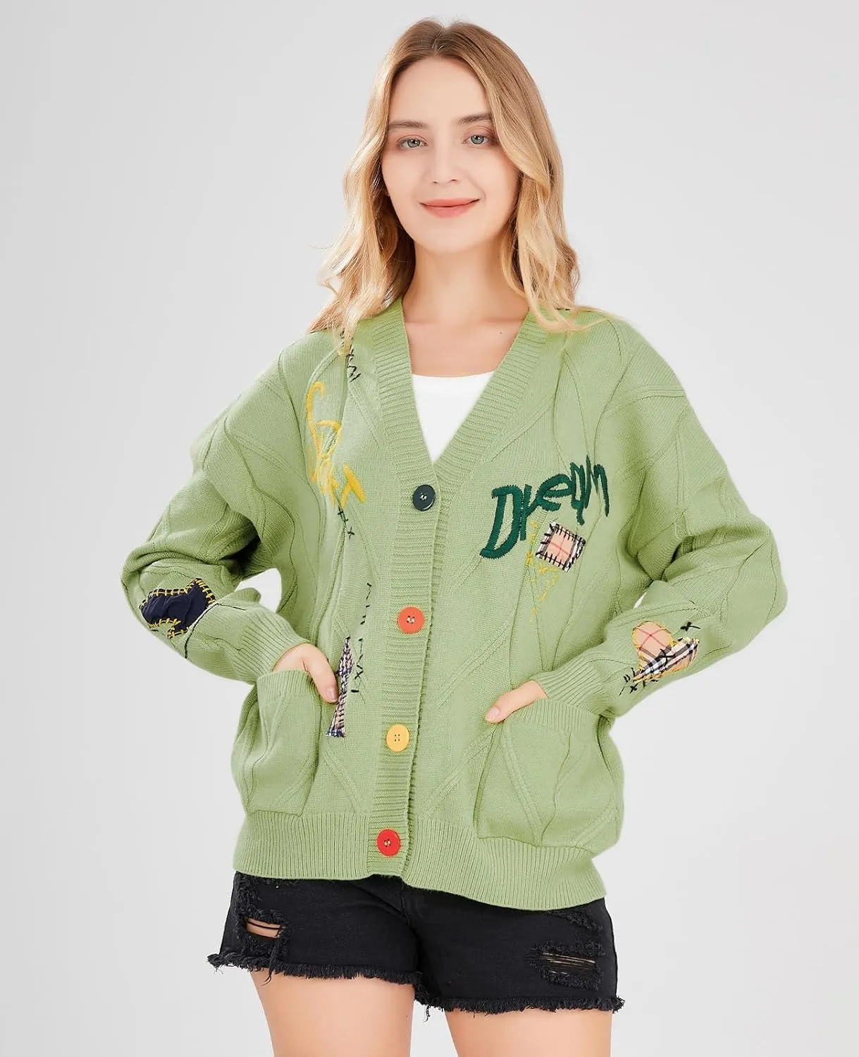 utcoco Womens Open Front Cardigan Cable Knit Long Sleeve Button Down Embroidery Cardigan Sweaters