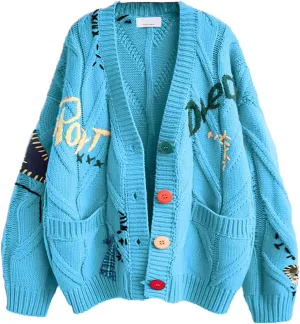 utcoco Womens Open Front Cardigan Cable Knit Long Sleeve Button Down Embroidery Cardigan Sweaters