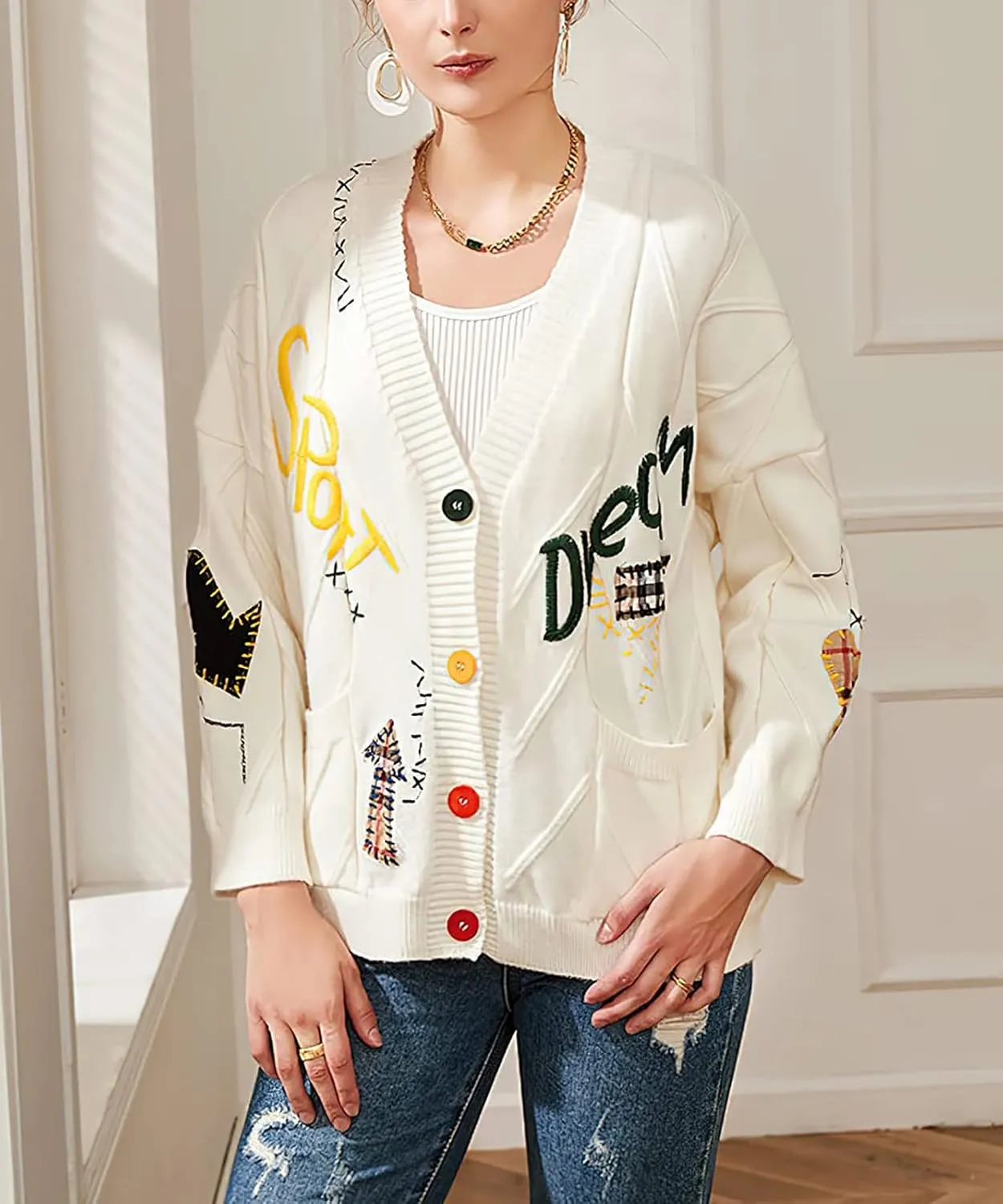 utcoco Womens Open Front Cardigan Cable Knit Long Sleeve Button Down Embroidery Cardigan Sweaters
