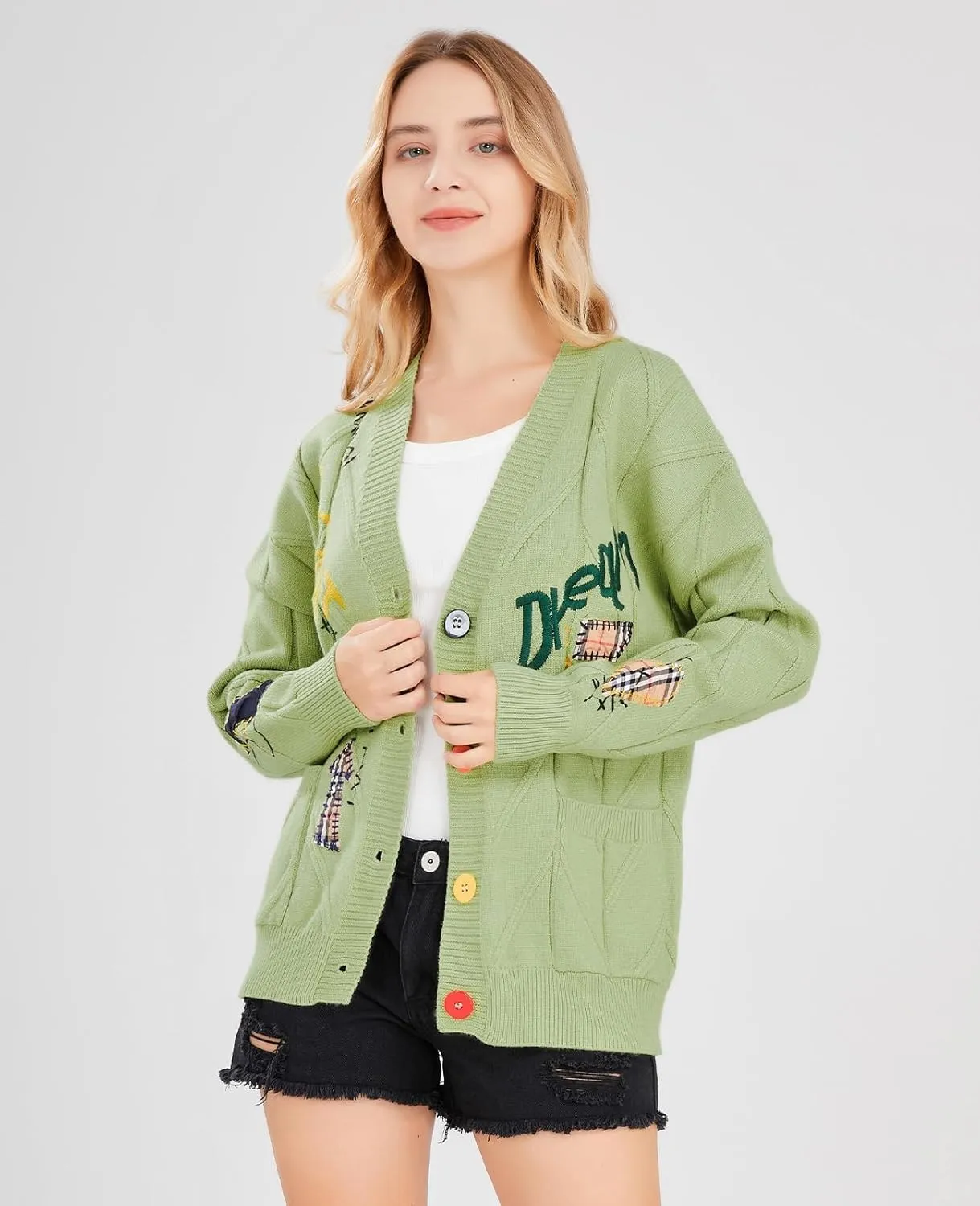 utcoco Womens Open Front Cardigan Cable Knit Long Sleeve Button Down Embroidery Cardigan Sweaters
