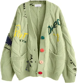 utcoco Womens Open Front Cardigan Cable Knit Long Sleeve Button Down Embroidery Cardigan Sweaters