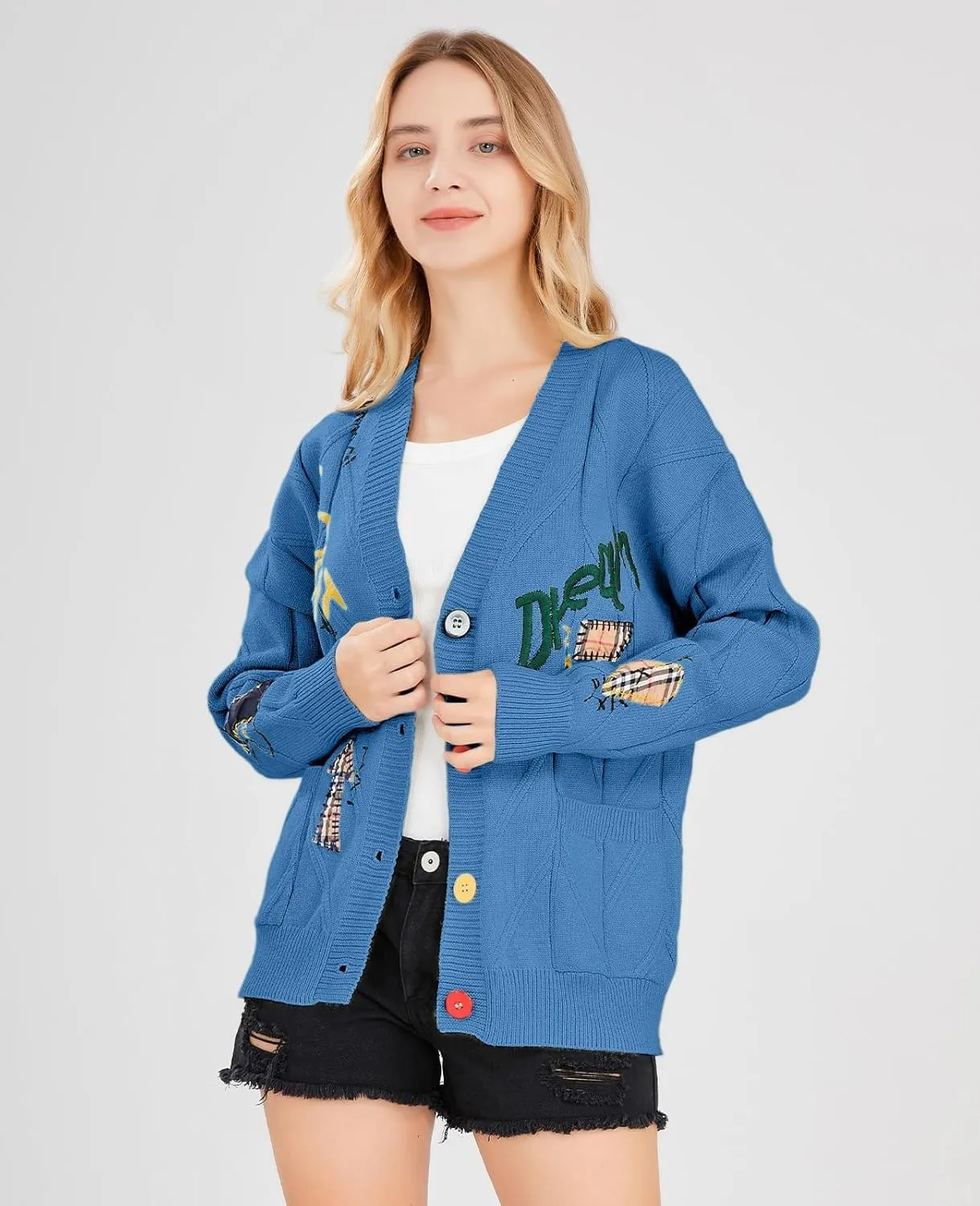 utcoco Womens Open Front Cardigan Cable Knit Long Sleeve Button Down Embroidery Cardigan Sweaters