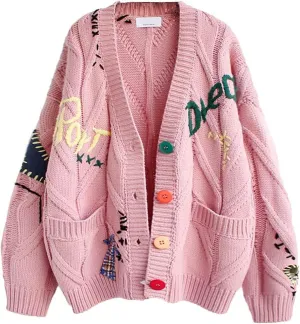 utcoco Womens Open Front Cardigan Cable Knit Long Sleeve Button Down Embroidery Cardigan Sweaters