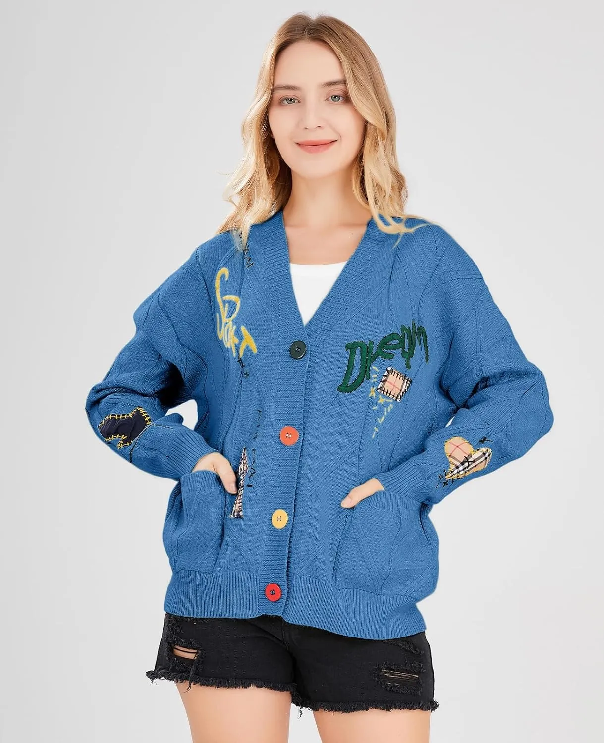 utcoco Womens Open Front Cardigan Cable Knit Long Sleeve Button Down Embroidery Cardigan Sweaters