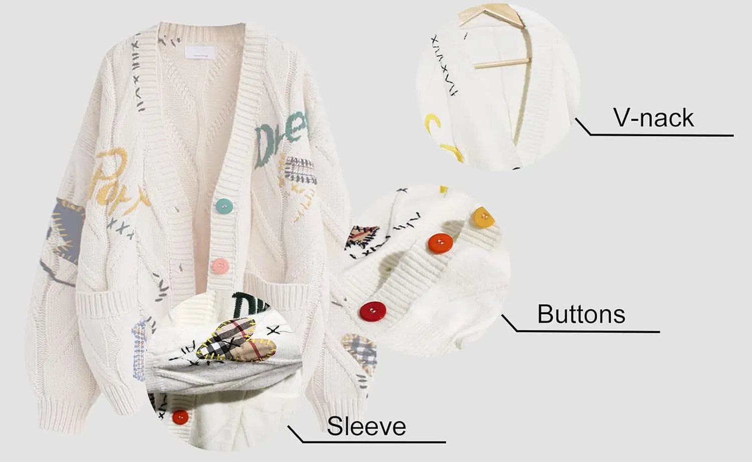 utcoco Womens Open Front Cardigan Cable Knit Long Sleeve Button Down Embroidery Cardigan Sweaters