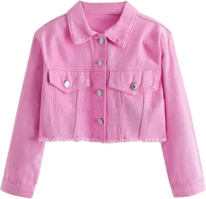 Verdusa Girl's Raw Hem Long Sleeve Single Breasted Crop Denim Jacket Outerwear