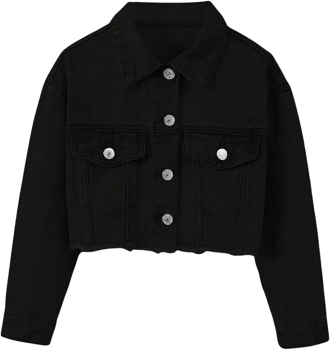Verdusa Girl's Raw Hem Long Sleeve Single Breasted Crop Denim Jacket Outerwear