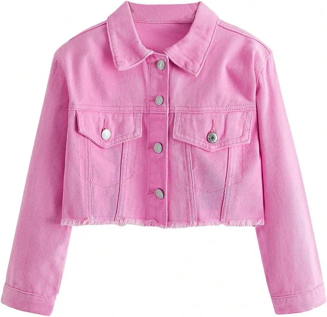 Verdusa Girl's Raw Hem Long Sleeve Single Breasted Crop Denim Jacket Outerwear