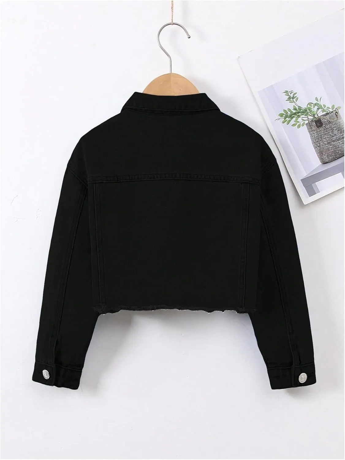 Verdusa Girl's Raw Hem Long Sleeve Single Breasted Crop Denim Jacket Outerwear