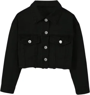Verdusa Girl's Raw Hem Long Sleeve Single Breasted Crop Denim Jacket Outerwear