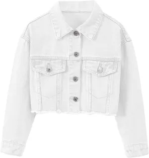 Verdusa Girl's Raw Hem Long Sleeve Single Breasted Crop Denim Jacket Outerwear