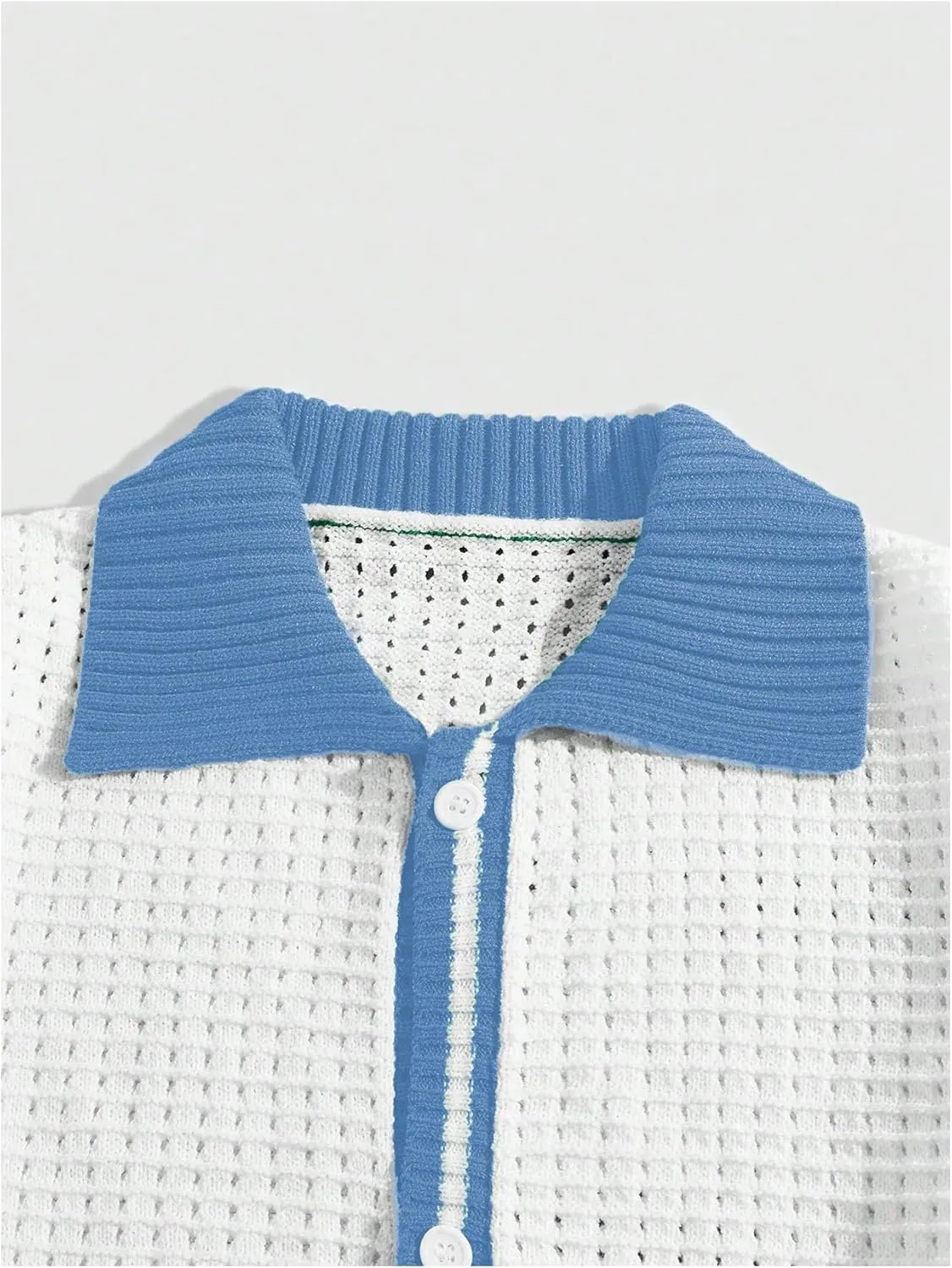 Verdusa Men's Fall Pullover Sweaters Contrast Binding Collar Colorblock Short Sleeve Button Down Shirt Knit Top
