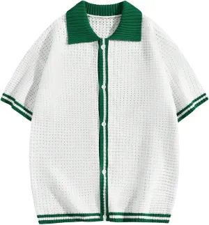 Verdusa Men's Fall Pullover Sweaters Contrast Binding Collar Colorblock Short Sleeve Button Down Shirt Knit Top