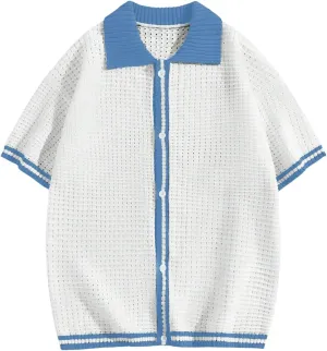 Verdusa Men's Fall Pullover Sweaters Contrast Binding Collar Colorblock Short Sleeve Button Down Shirt Knit Top