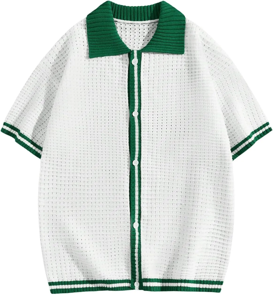 Verdusa Men's Fall Pullover Sweaters Contrast Binding Collar Colorblock Short Sleeve Button Down Shirt Knit Top