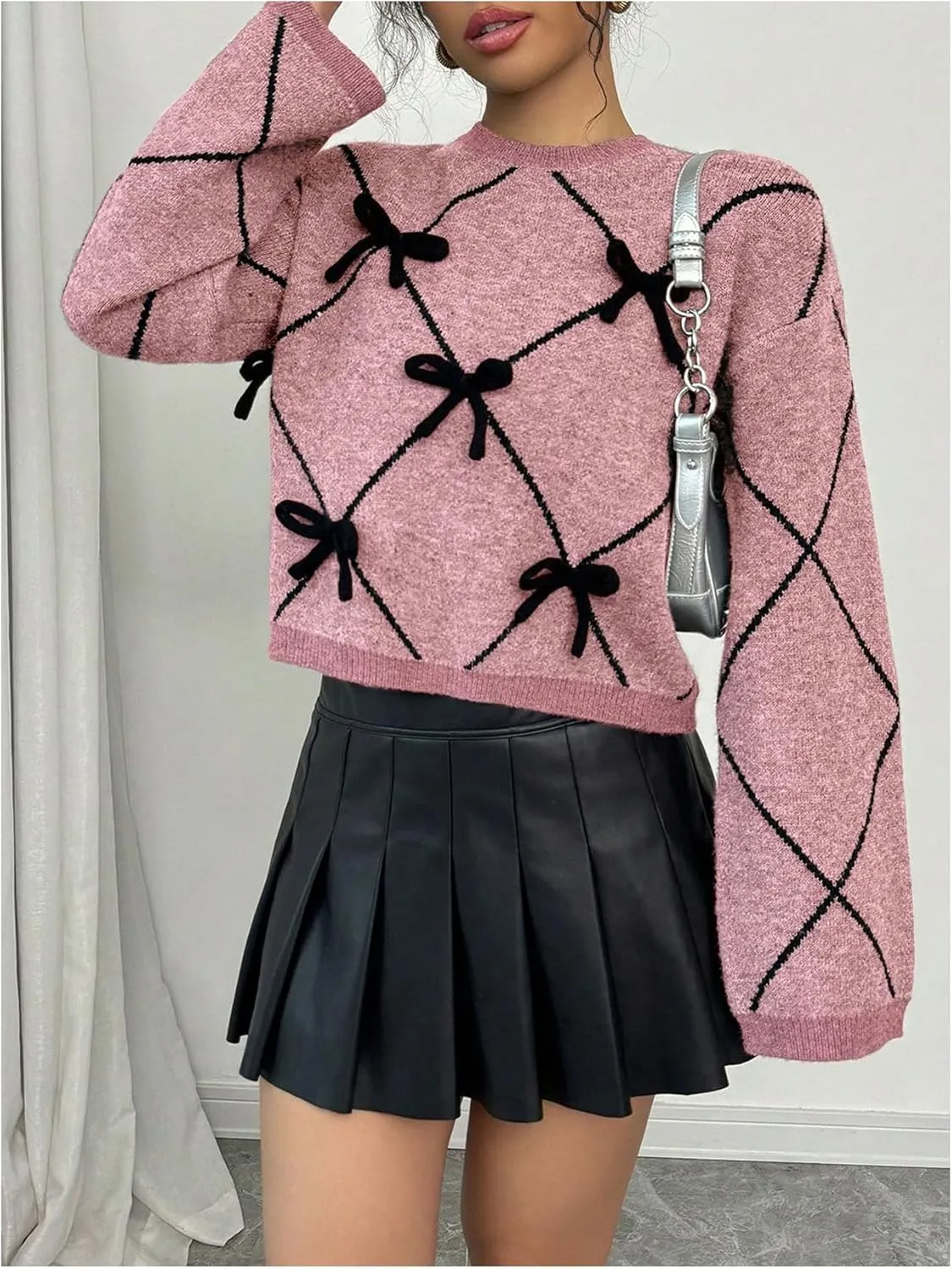 Verdusa Women's Bow Sweaters Long Sleeve Mock Neck Pullover Vintage Y2k Cropped Knit Tops