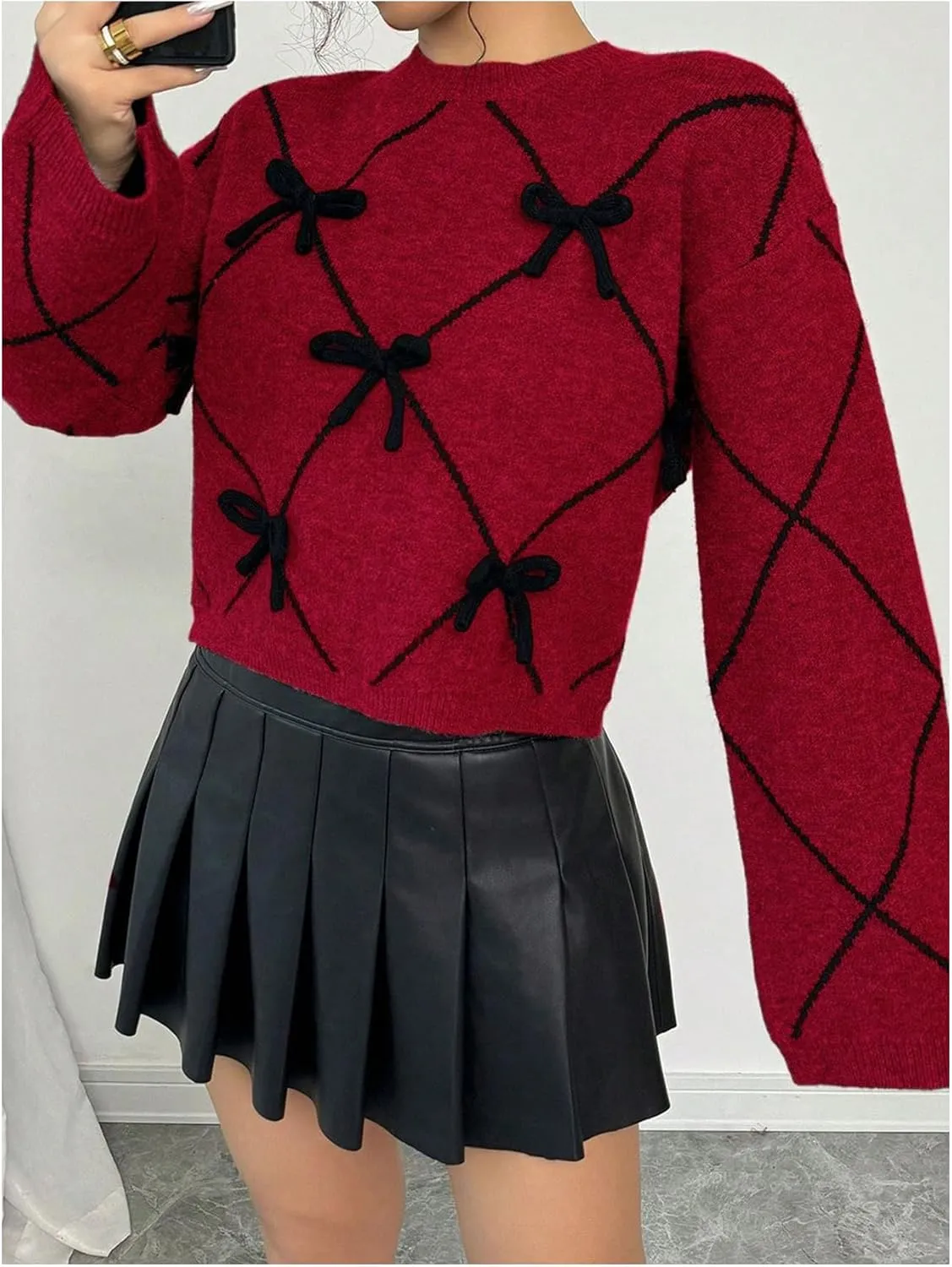 Verdusa Women's Bow Sweaters Long Sleeve Mock Neck Pullover Vintage Y2k Cropped Knit Tops