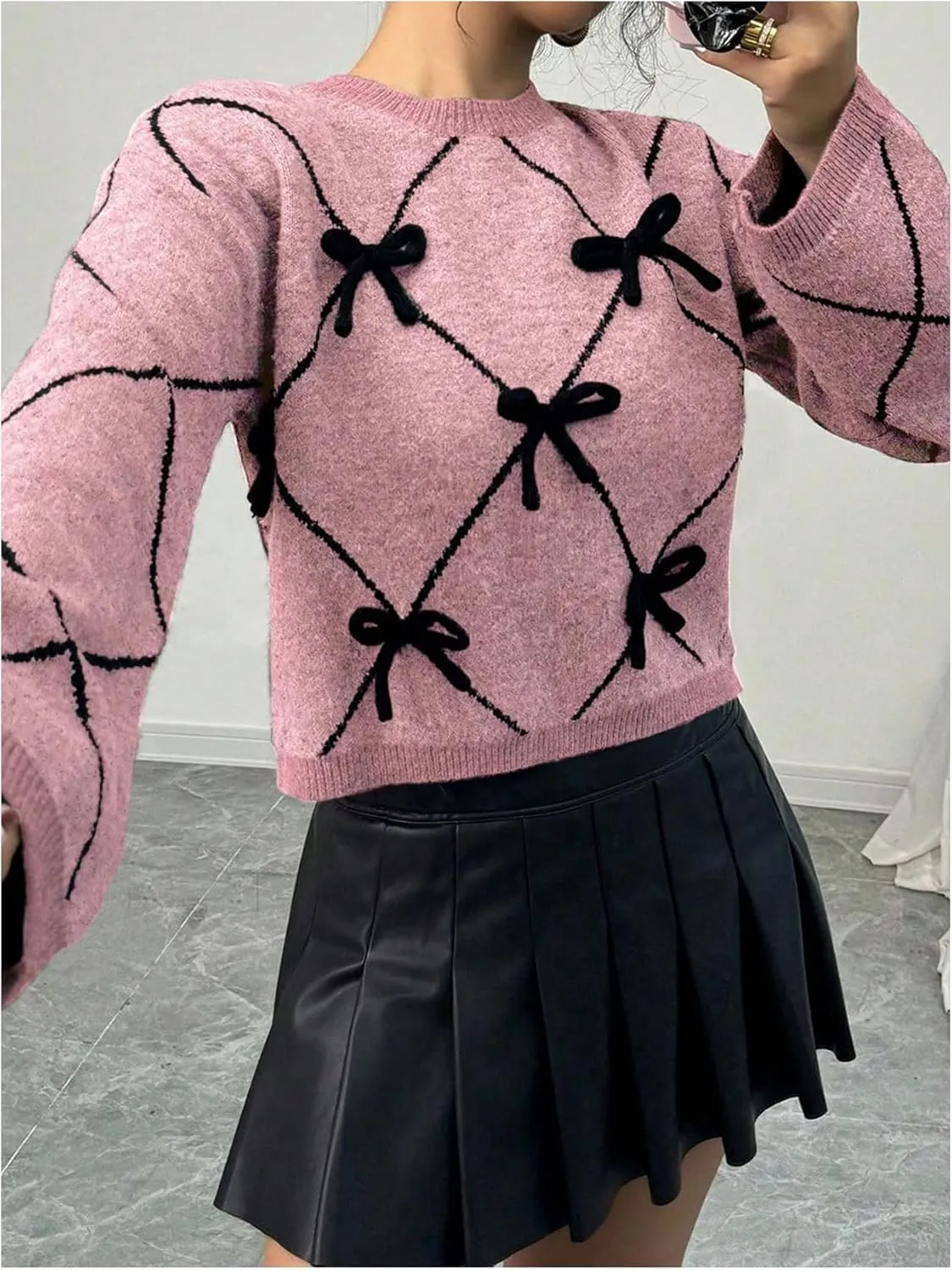 Verdusa Women's Bow Sweaters Long Sleeve Mock Neck Pullover Vintage Y2k Cropped Knit Tops