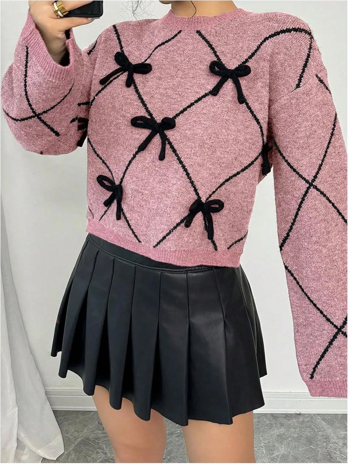 Verdusa Women's Bow Sweaters Long Sleeve Mock Neck Pullover Vintage Y2k Cropped Knit Tops