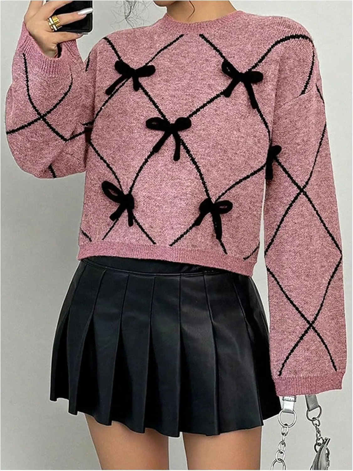 Verdusa Women's Bow Sweaters Long Sleeve Mock Neck Pullover Vintage Y2k Cropped Knit Tops