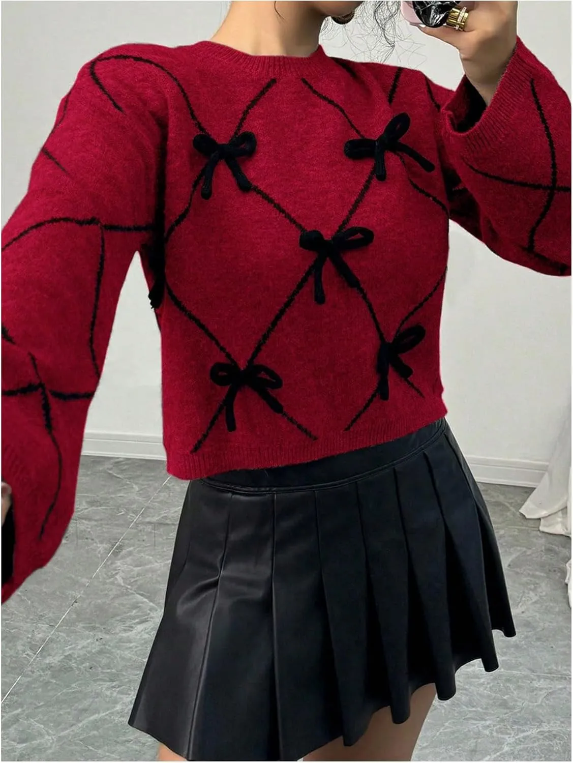 Verdusa Women's Bow Sweaters Long Sleeve Mock Neck Pullover Vintage Y2k Cropped Knit Tops