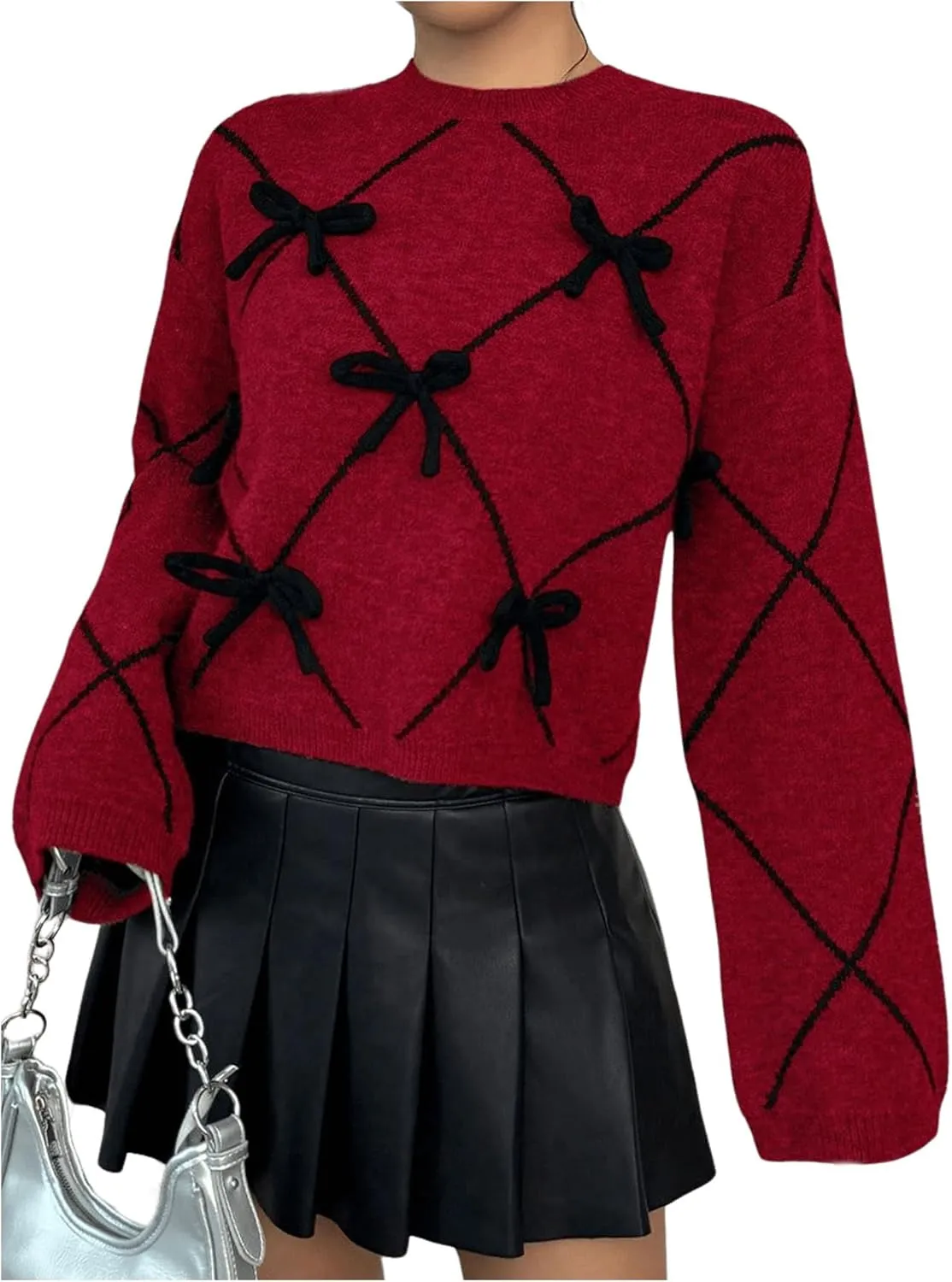 Verdusa Women's Bow Sweaters Long Sleeve Mock Neck Pullover Vintage Y2k Cropped Knit Tops