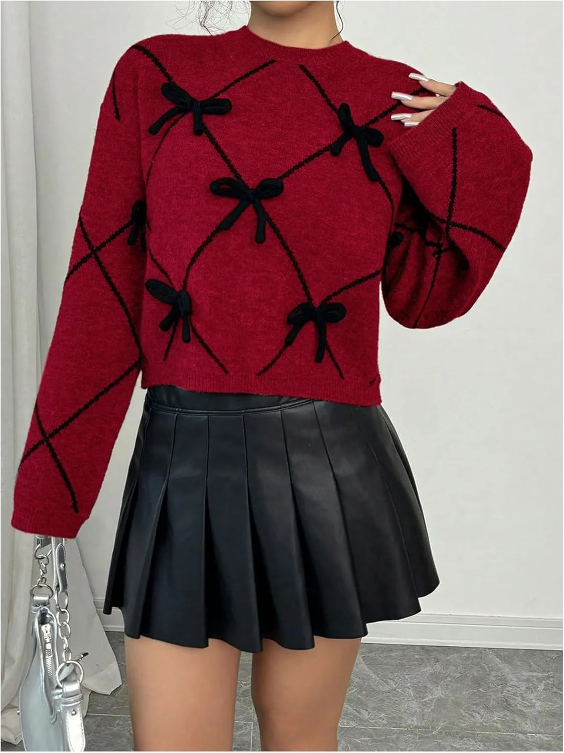 Verdusa Women's Bow Sweaters Long Sleeve Mock Neck Pullover Vintage Y2k Cropped Knit Tops