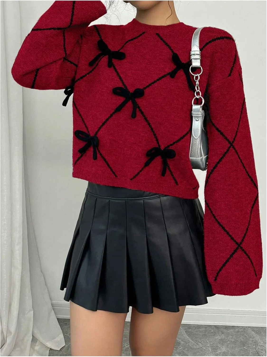 Verdusa Women's Bow Sweaters Long Sleeve Mock Neck Pullover Vintage Y2k Cropped Knit Tops