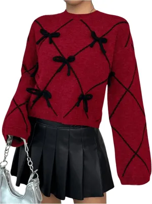 Verdusa Women's Bow Sweaters Long Sleeve Mock Neck Pullover Vintage Y2k Cropped Knit Tops