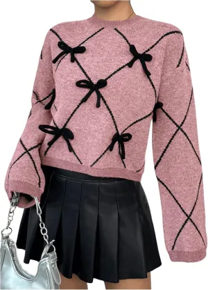 Verdusa Women's Bow Sweaters Long Sleeve Mock Neck Pullover Vintage Y2k Cropped Knit Tops