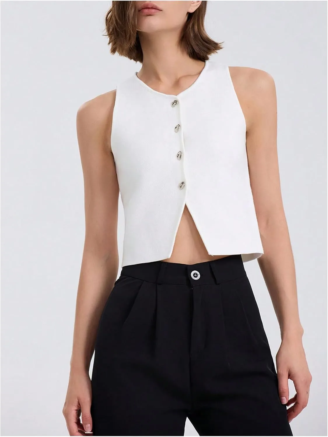 Verdusa Women's Button Down Split Sweater Vests Old Money Crewneck Sleeveless Knit Crop Tops