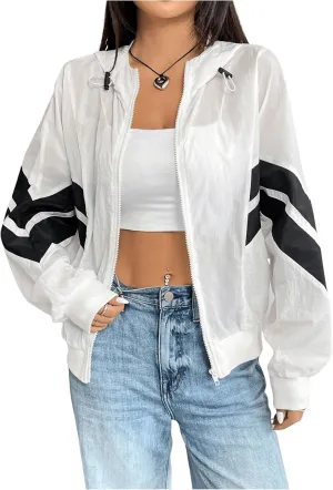 Verdusa Women's Color Block Zip Up Hooded Jacket Outerwear Loose Windbreaker Jackets