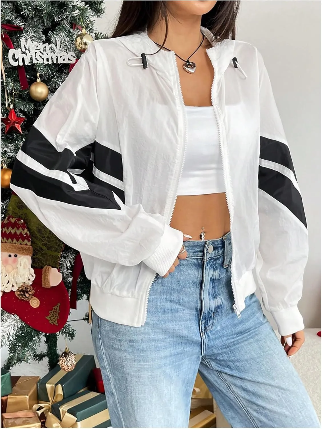 Verdusa Women's Color Block Zip Up Hooded Jacket Outerwear Loose Windbreaker Jackets