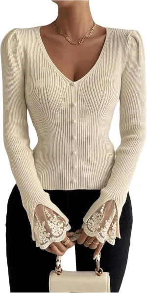Verdusa Women's Floral Lace Faux Pearl Pullover Sweaters V Neck Long Sleeve Knit Tops