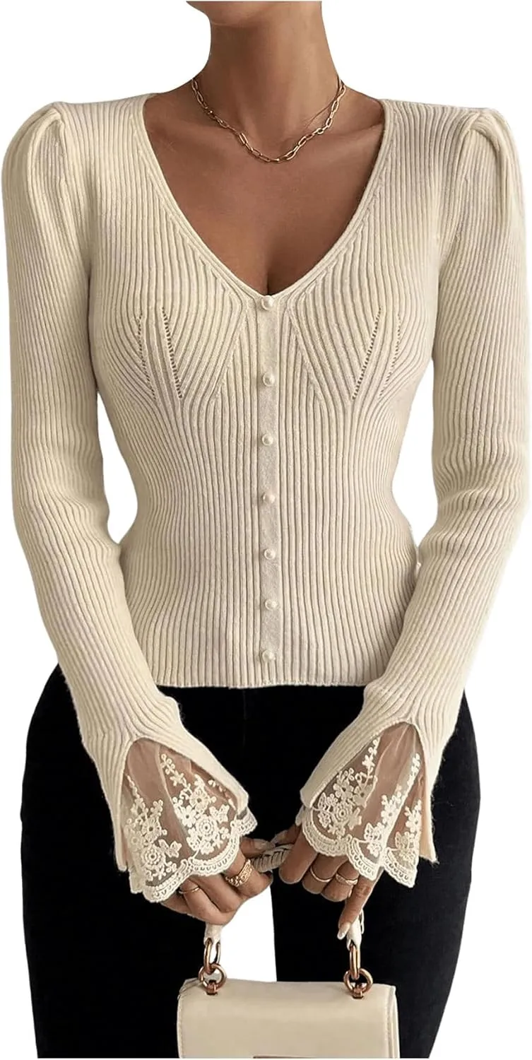Verdusa Women's Floral Lace Faux Pearl Pullover Sweaters V Neck Long Sleeve Knit Tops