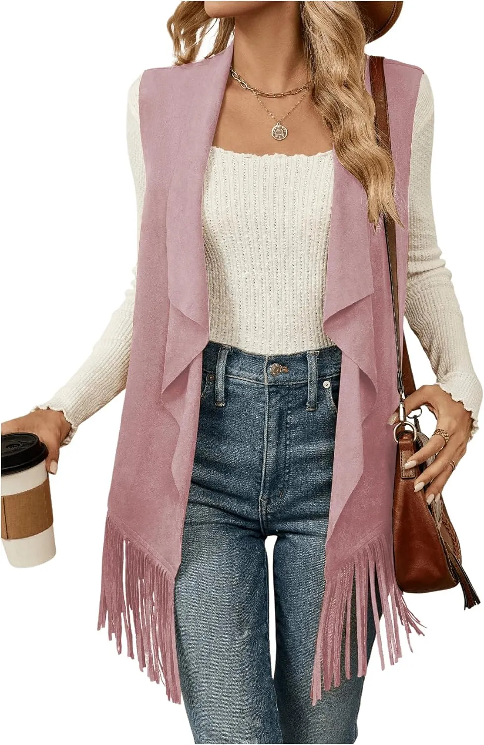 Verdusa Women's Fringe Vest 70s Hippie Sleeveless Western Faux Suede Cardigan Outerwear