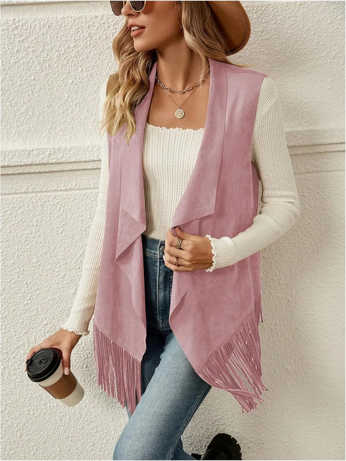 Verdusa Women's Fringe Vest 70s Hippie Sleeveless Western Faux Suede Cardigan Outerwear