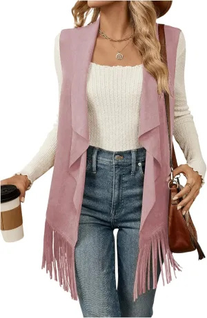 Verdusa Women's Fringe Vest 70s Hippie Sleeveless Western Faux Suede Cardigan Outerwear